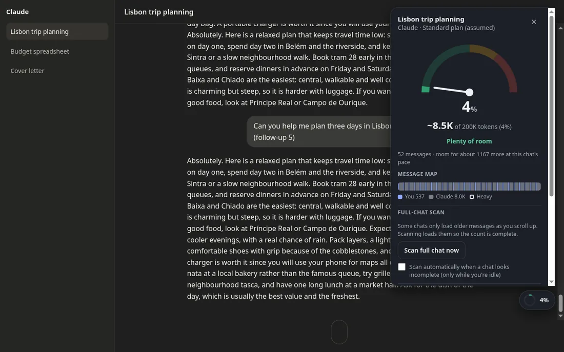 ContextMeter panel in dark mode on a Claude conversation, with a scan full chat button and an automatic scan option