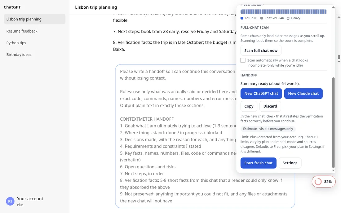 ContextMeter showing a captured handoff summary with buttons to open a new ChatGPT or Claude chat